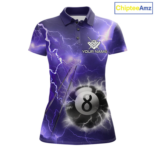 Personalized purple thunder lightning 8 ball billiard team jersey polo shirt for women featuring vibrant purple lightning artwork, premium custom pool team apparel for league matches and tournaments.
