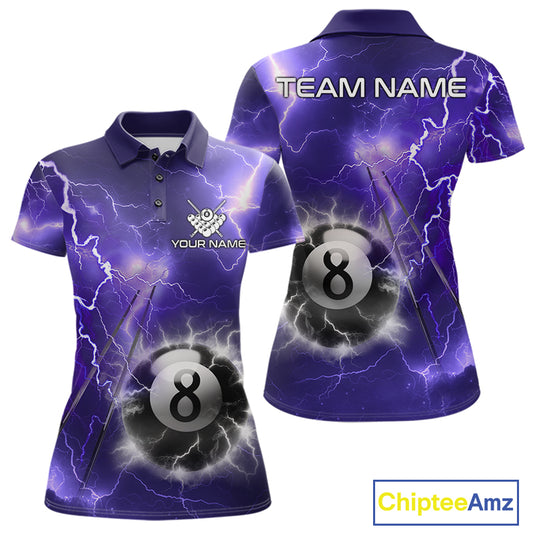 Personalized purple thunder lightning 8 ball billiard team jersey polo shirt for women featuring vibrant purple lightning artwork, premium custom pool team apparel for league matches and tournaments.