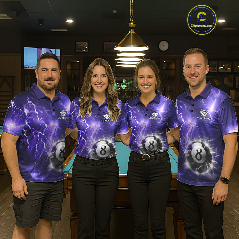 Man wearing personalized purple thunder lightning 8 ball billiard team jersey quarter zip shirt, front view.