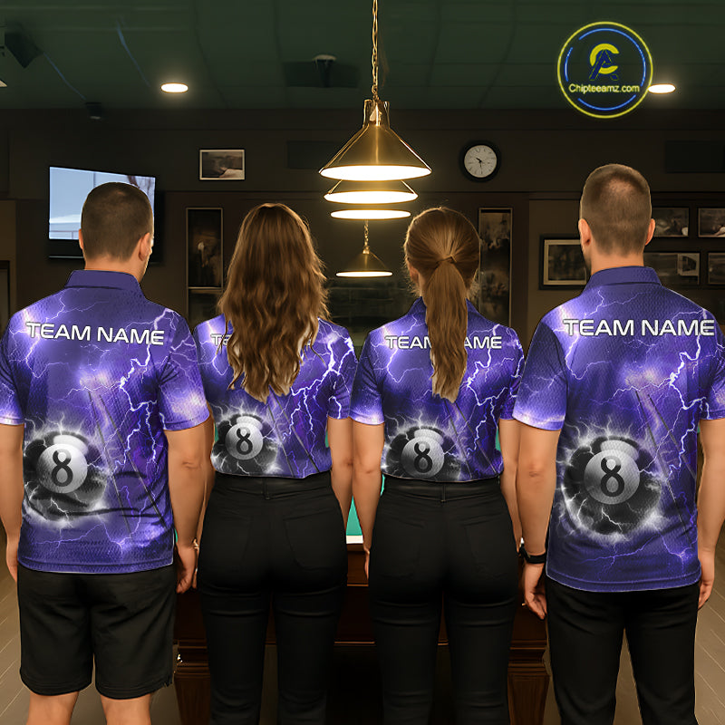 Billiard team wearing matching personalized purple thunder lightning 8 ball pool team jerseys, front view.