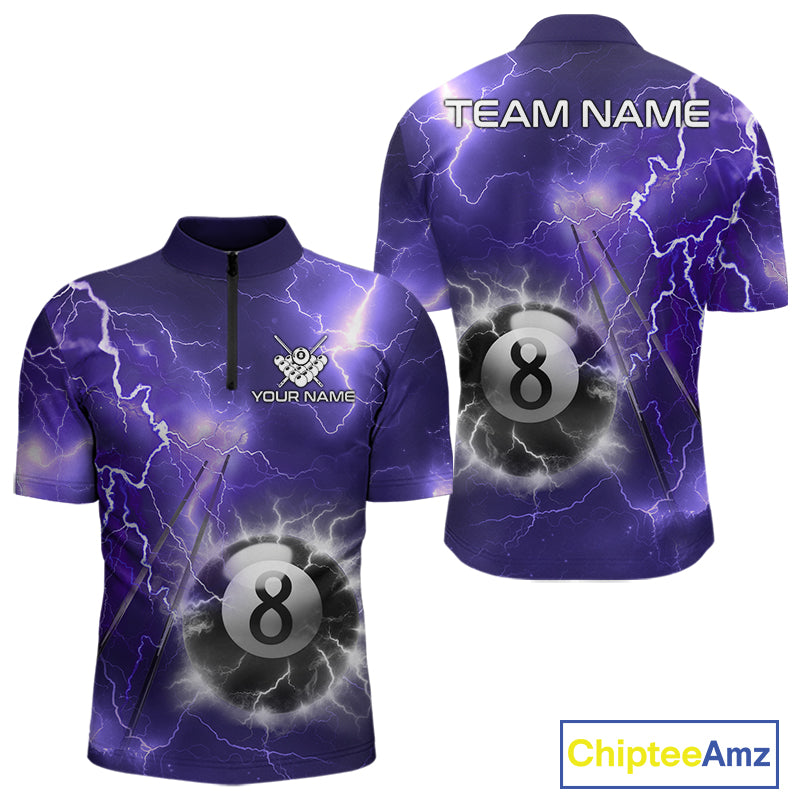 Personalized purple thunder lightning 8 ball billiard team jersey quarter zip shirt for men featuring bold purple lightning and 8 ball graphics, premium custom billiard apparel.