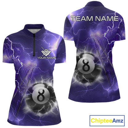 Personalized purple thunder lightning 8 ball billiard team jersey quarter zip shirt for women featuring bold purple lightning and 8 ball graphics, premium custom billiard apparel.