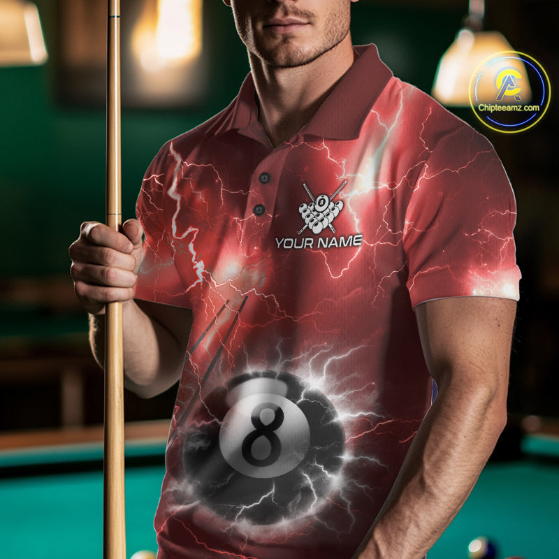 Man wearing personalized red thunder lightning 8 ball billiard team jersey polo shirt, front view.