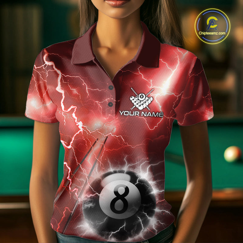 Woman wearing personalized red thunder lightning 8 ball billiard team jersey polo shirt, front view.
