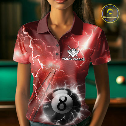 Woman wearing personalized red thunder lightning 8 ball billiard team jersey polo shirt, front view.