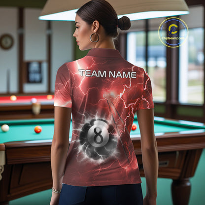Woman wearing personalized red thunder lightning 8 ball billiard team jersey polo shirt, back view.