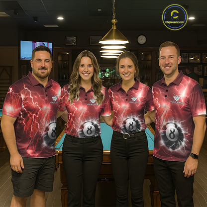 Man wearing personalized red thunder lightning 8 ball billiard team jersey quarter zip shirt, front view.