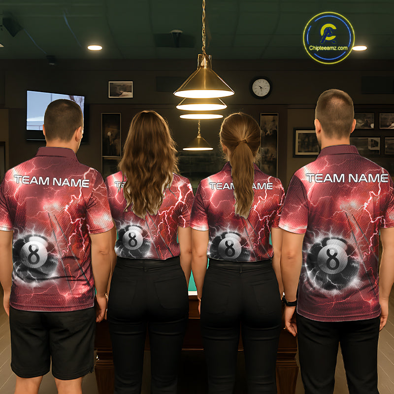 Billiard team wearing matching personalized red thunder lightning 8 ball pool team jerseys, front view.