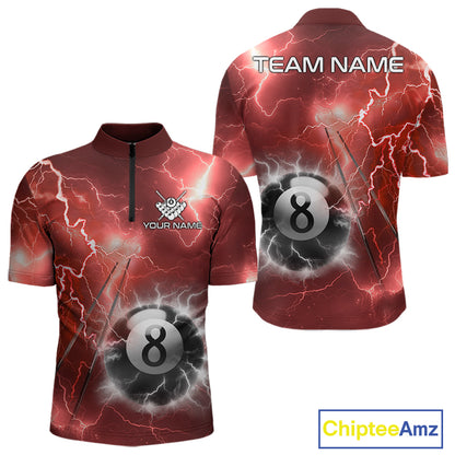Personalized red thunder lightning 8 ball billiard team jersey quarter zip shirt for men featuring red lightning 8 ball graphics.