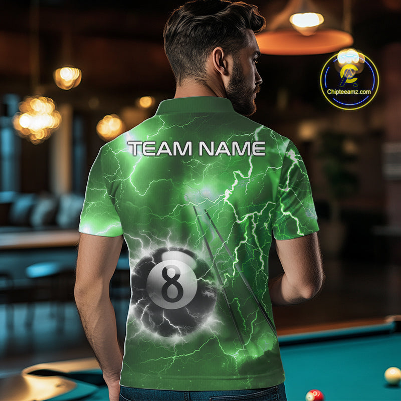Man wearing personalized green thunder lightning 8 ball billiard team jersey polo shirt, back view.