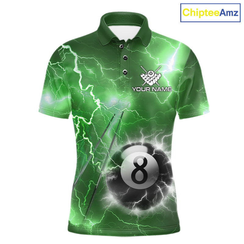 Personalized green thunder lightning 8 ball billiard team jersey polo shirt for men featuring electric green lightning artwork, premium custom pool team apparel.