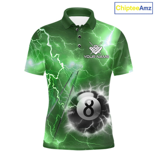 Personalized green thunder lightning 8 ball billiard team jersey polo shirt for men featuring electric green lightning artwork, premium custom pool team apparel.