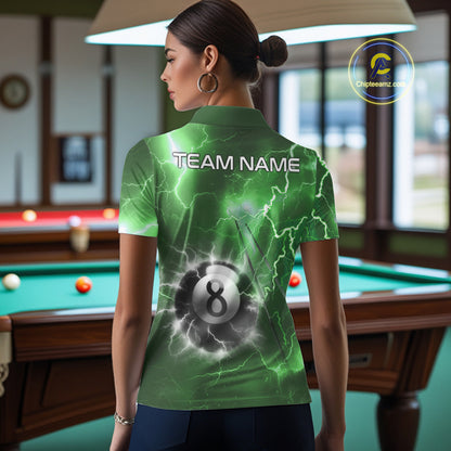Woman wearing personalized green thunder lightning 8 ball billiard team jersey polo shirt, back view.