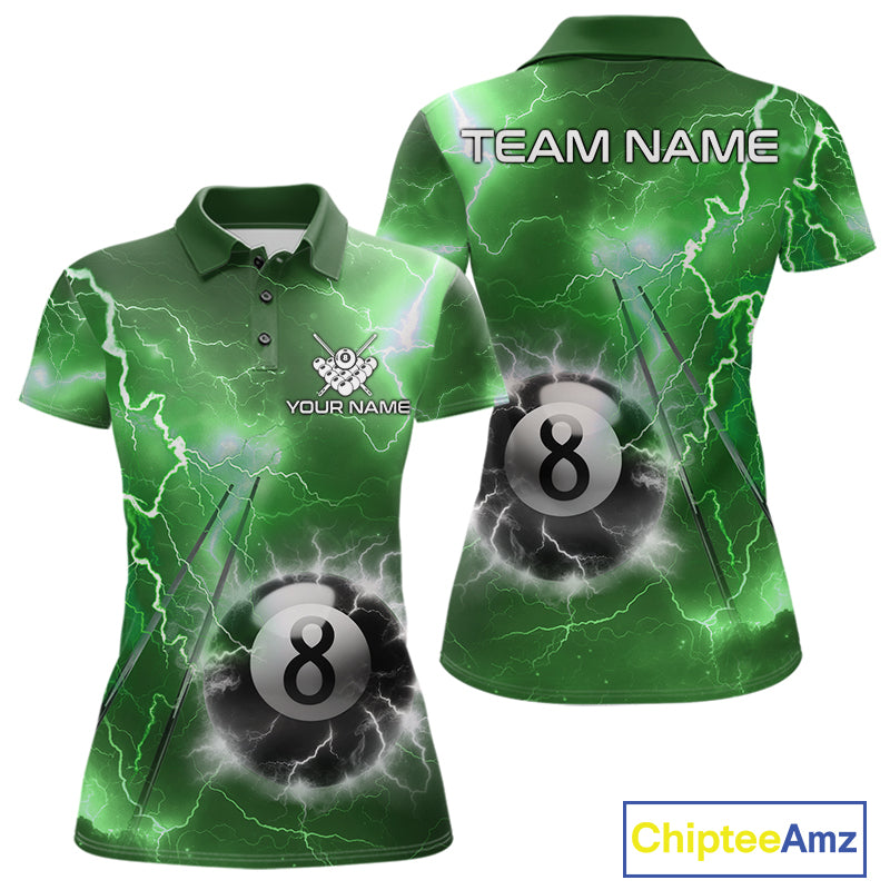 Personalized green thunder lightning 8 ball billiard team jersey polo shirt for women featuring electric green lightning artwork, premium custom pool team apparel.