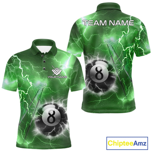 Personalized green thunder lightning 8 ball billiard team jersey polo shirt for men featuring electric green lightning artwork, premium custom pool team apparel.