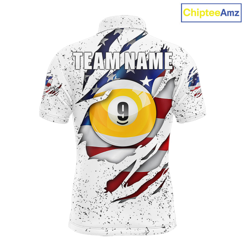 White grunge American flag 8 ball and 9 ball billiard team jersey polo shirt for men featuring patriotic USA artwork, premium custom pool team apparel.