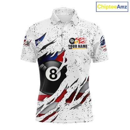 White grunge American flag 8 ball and 9 ball billiard team jersey polo shirt for men featuring patriotic USA artwork, premium custom pool team apparel.