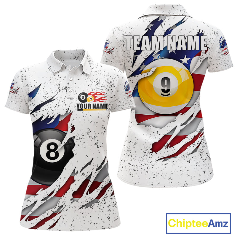 White grunge American flag 8 ball and 9 ball billiard team jersey polo shirt for women featuring patriotic USA artwork, premium custom pool team apparel.