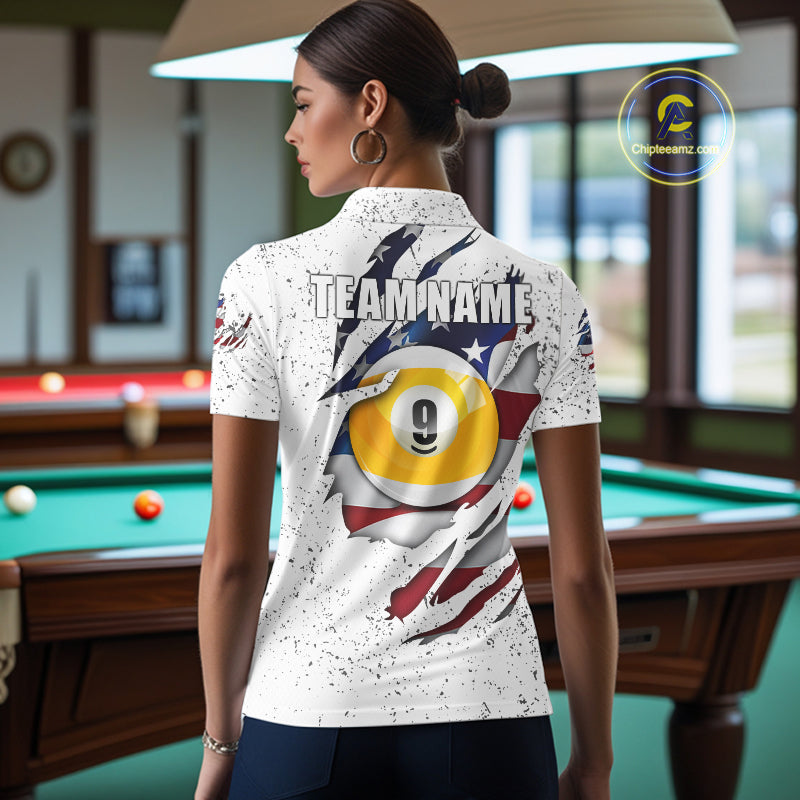 Woman wearing white grunge American flag 8 ball and 9 ball billiard team jersey polo shirt, back view.
