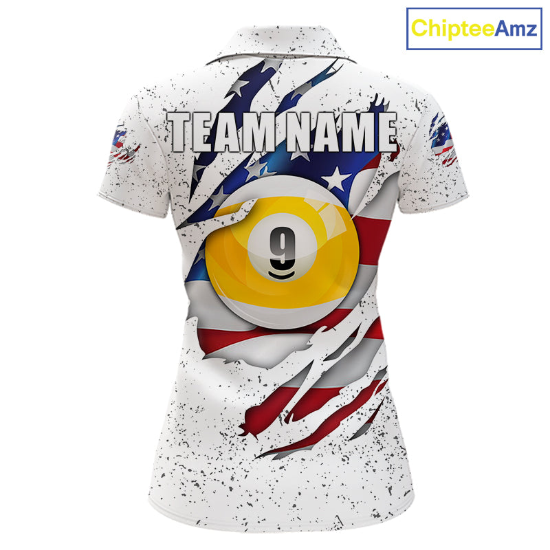 White grunge American flag 8 ball and 9 ball billiard team jersey polo shirt for women featuring patriotic USA artwork, premium custom pool team apparel.