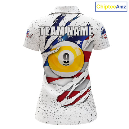 White grunge American flag 8 ball and 9 ball billiard team jersey polo shirt for women featuring patriotic USA artwork, premium custom pool team apparel.