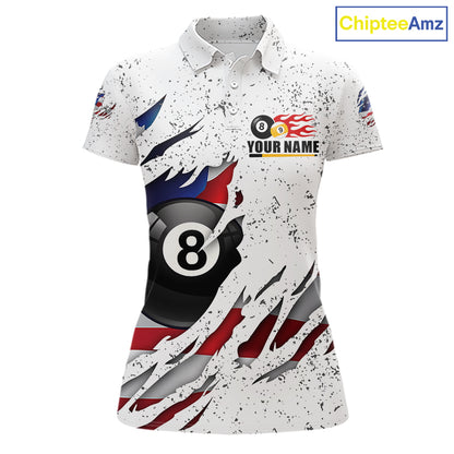 White grunge American flag 8 ball and 9 ball billiard team jersey polo shirt for women featuring patriotic USA artwork, premium custom pool team apparel.