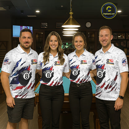 Man wearing white grunge American flag 8 ball and 9 ball billiard team jersey quarter zip shirt, front view.