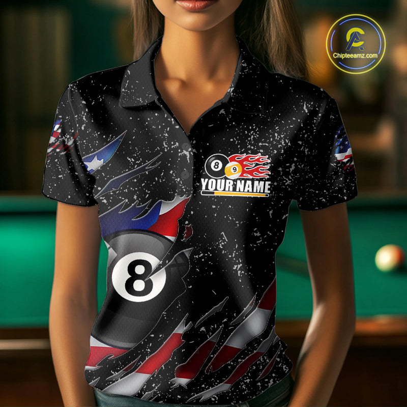 Woman wearing black grunge American flag 8 ball and 9 ball billiard team jersey polo shirt, front view.