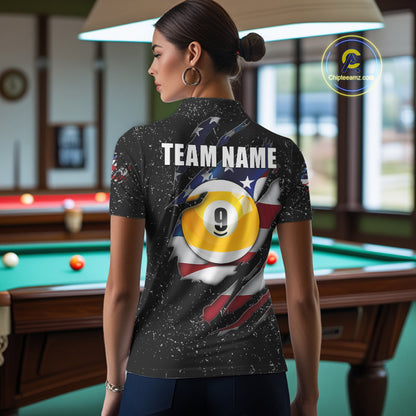 Woman wearing black grunge American flag 8 ball and 9 ball billiard team jersey polo shirt, back view.
