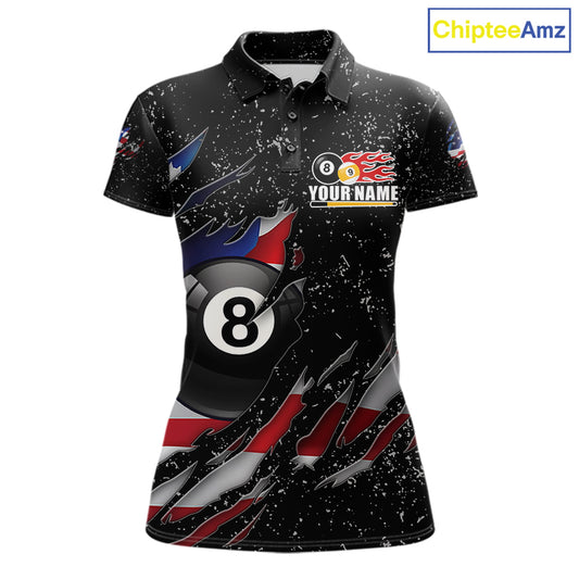 Black grunge American flag 8 ball and 9 ball billiard team jersey polo shirt for women featuring patriotic USA artwork, premium custom pool team apparel.