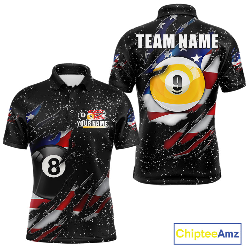 Black grunge American flag 8 ball and 9 ball billiard team jersey polo shirt for men featuring patriotic USA artwork, premium custom pool team apparel.