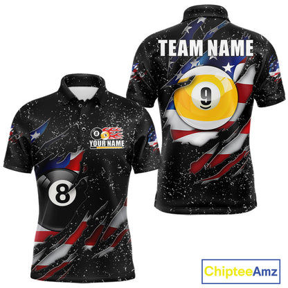 Black grunge American flag 8 ball and 9 ball billiard team jersey polo shirt for men featuring patriotic USA artwork, premium custom pool team apparel.
