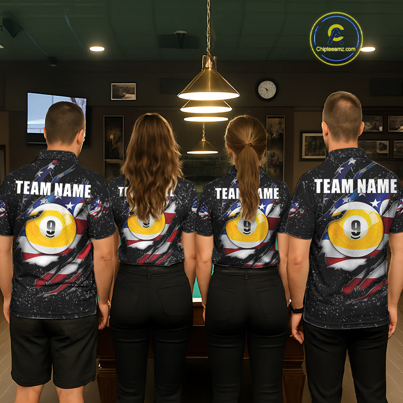 Billiard team wearing matching black grunge American flag 8 ball and 9 ball pool team jerseys, front view.