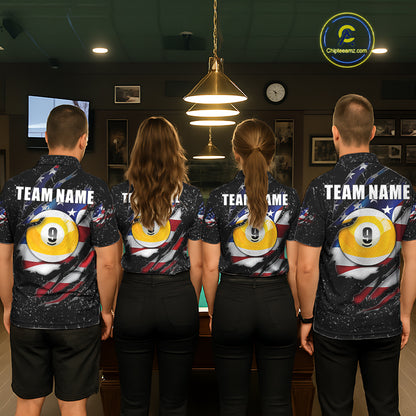 Billiard team wearing matching black grunge American flag 8 ball and 9 ball pool team jerseys, front view.