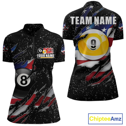 Black grunge American flag 8 ball and 9 ball billiard team jersey quarter zip shirt for women featuring patriotic 8 ball and 9 ball graphics.