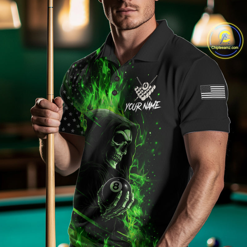 Man Wearing Green Flaming Grim Reaper US Flag 8 Ball Personalized Billiard Polo Shirt with Athletic Performance Fit and Patriotic Artwork, Front View