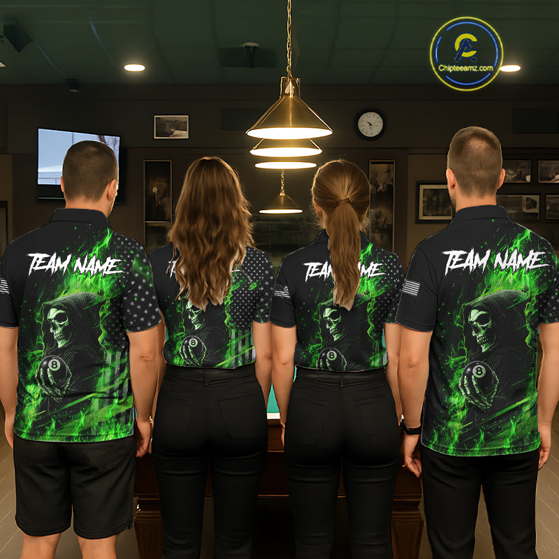 Pool Team Wearing Green Flaming Grim Reaper US Flag 8 Ball Custom Billiard Team Jerseys Featuring the Full Back Artwork, Back View