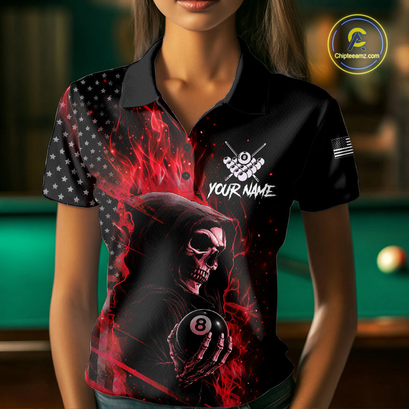 Woman Wearing Red Flaming Grim Reaper US Flag 8 Ball Personalized Billiard Polo Shirt with Modern Athletic Fit, Front View
