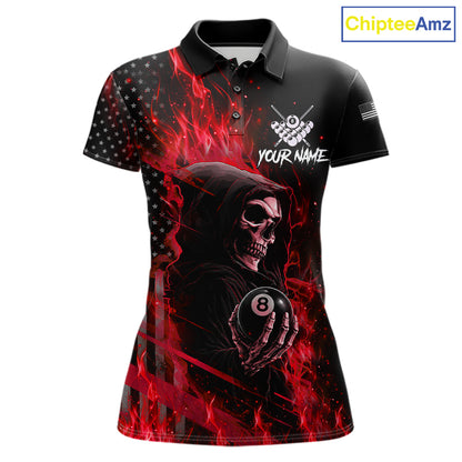 Red Flaming Grim Reaper US Flag 8 Ball Billiard Polo Shirt Featuring a Patriotic Custom Design for Women's Pool League Players and Team Competition