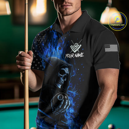 Man Wearing Blue Flaming Grim Reaper US Flag 8 Ball Personalized Billiard Polo Shirt with Athletic Fit and Patriotic Style, Front View