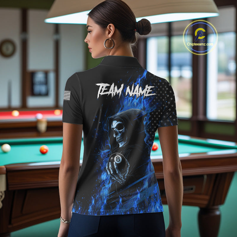 Woman Wearing Blue Flaming Grim Reaper US Flag 8 Ball Custom Pool Team Jersey Featuring the Complete Rear Graphic Design, Back View