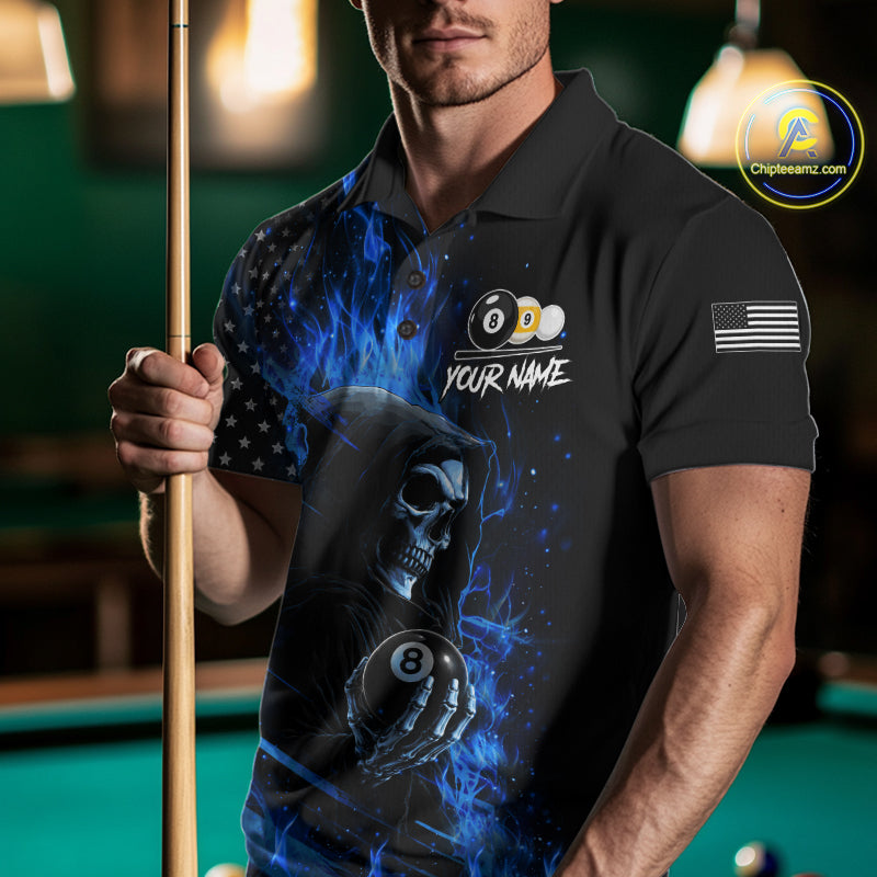 Man Wearing Blue Flame 8 Ball and 9 Ball Grim Reaper US Flag Custom Billiard Polo Shirt with Athletic Team Style, Front View