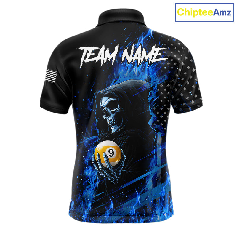 Custom Blue Flame Grim Reaper US Flag 8 Ball and 9 Ball Pool Polo Shirt Designed for Personalized Billiard Team Jerseys and Tournament Players