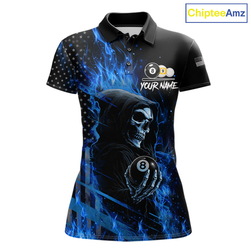Blue Flame 8 Ball and 9 Ball Grim Reaper US Flag Billiard Polo Shirt Featuring a Patriotic Custom Design for Women's Pool League Players and Team Competition
