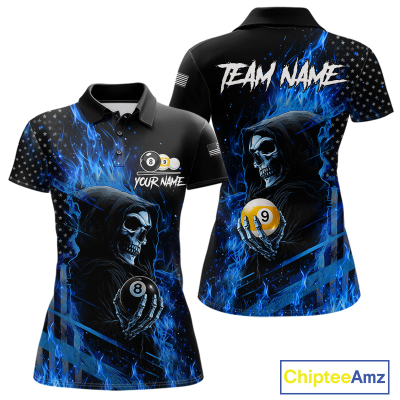 Blue Flame 8 Ball and 9 Ball Grim Reaper US Flag Billiard Polo Shirt Featuring a Patriotic Custom Design for Women's Pool League Players and Team Competition