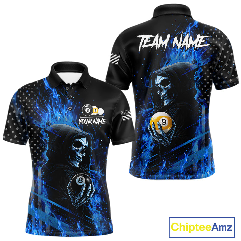 Blue Flame 8 Ball and 9 Ball Grim Reaper US Flag Billiard Polo Shirt Featuring a Patriotic Custom Design for Pool League Players and Team Competition