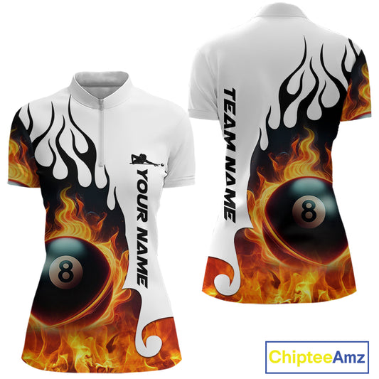 Personalized Orange 8 Ball Fire Flame Women's Billiard Shirt Custom Pool Team Jersey Polo & 1/4 Zip TDM5229