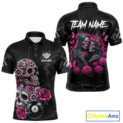Personalized Pink 8 Ball Skull Roses Billiard Shirt For Men Custom Valentine Billiard Gifts TDM5750