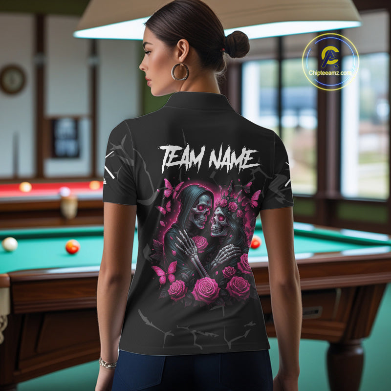 Personalized Pink 8 Ball Skull Roses Billiard Shirt For Women Custom Valentine Billiard Gifts TDM5750