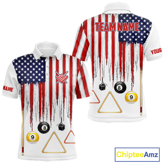 American Flag Billiard Shirt For Men Custom Patriotic Pool Team Jersey Polo & 1/4 Zip |White TDM5753